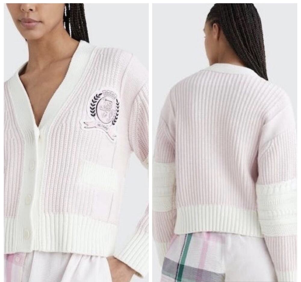 Tommy Hilfiger Crest Patch Chunky Rib Knit Cropped Cardigan Pink Cream Womens XS